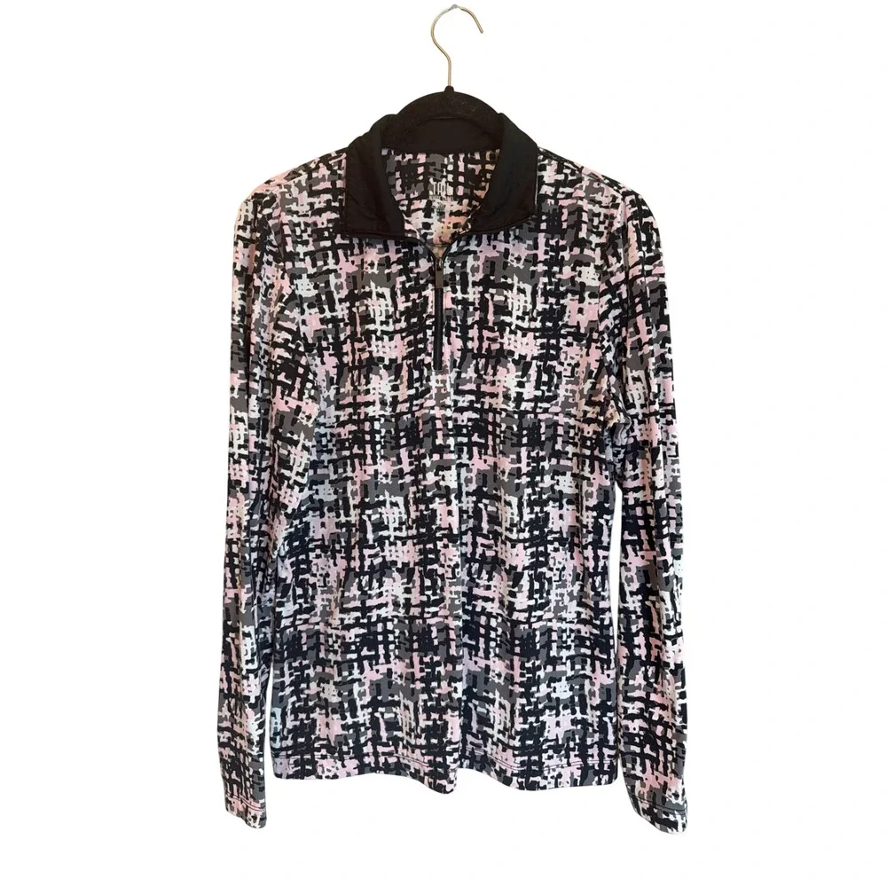 Tail White Label Womens Medium Pink Black Abstract Grid Quarter Zip Pullover Top